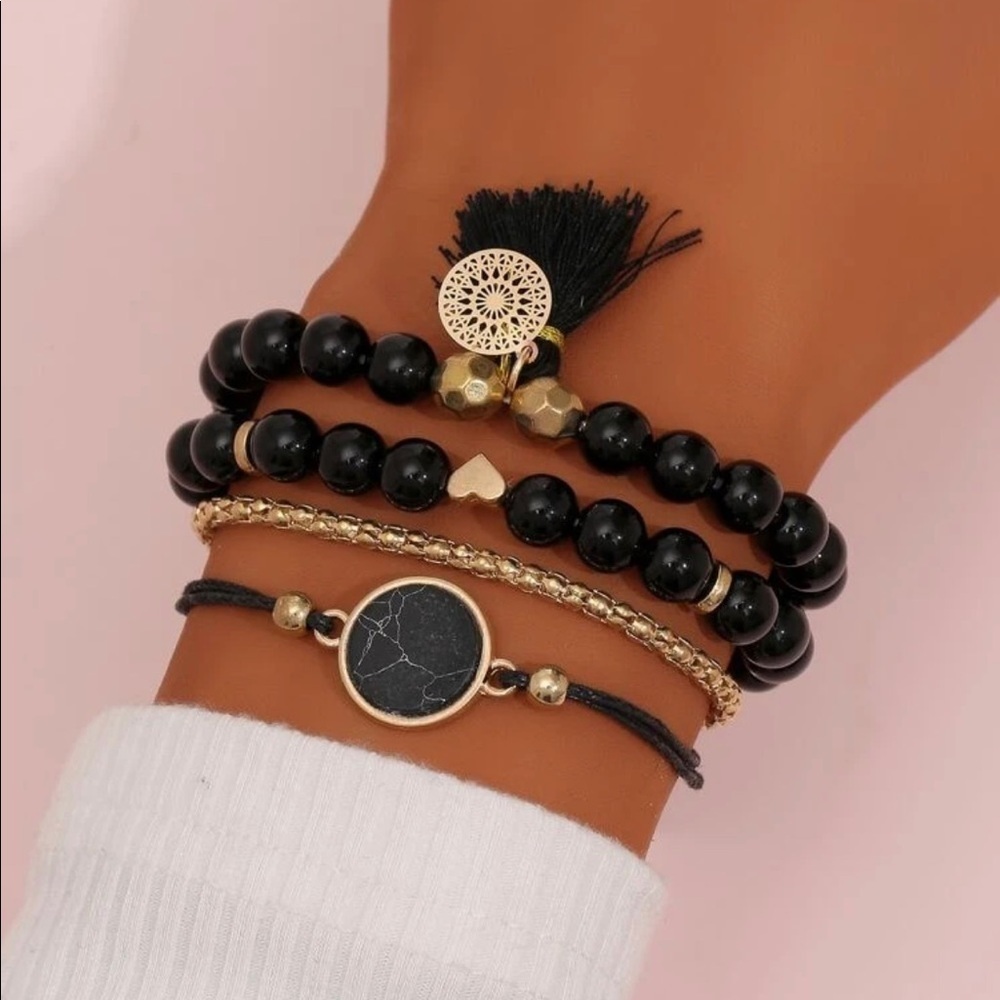 Boho Chic Black Marble Beaded Layering Bracelet Set - Picture 1 of 13